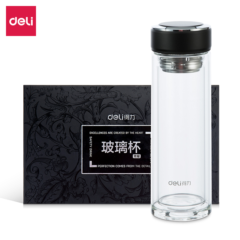 得力8977玻璃杯(黑)220ml盖子锌合金氧化